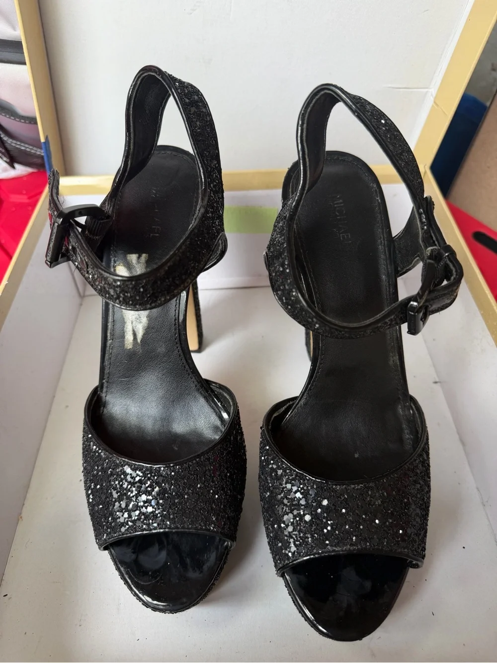 Michael Kors Black Glitter Open-Toe Slingback Heels